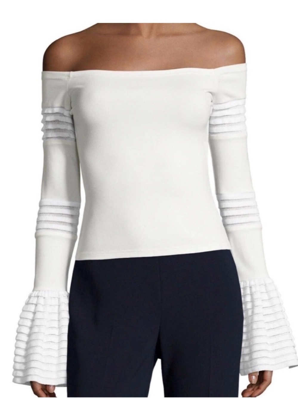 Alexis White Off-the-Shoulder Ribbed Bell-Sleeve Sweater Top